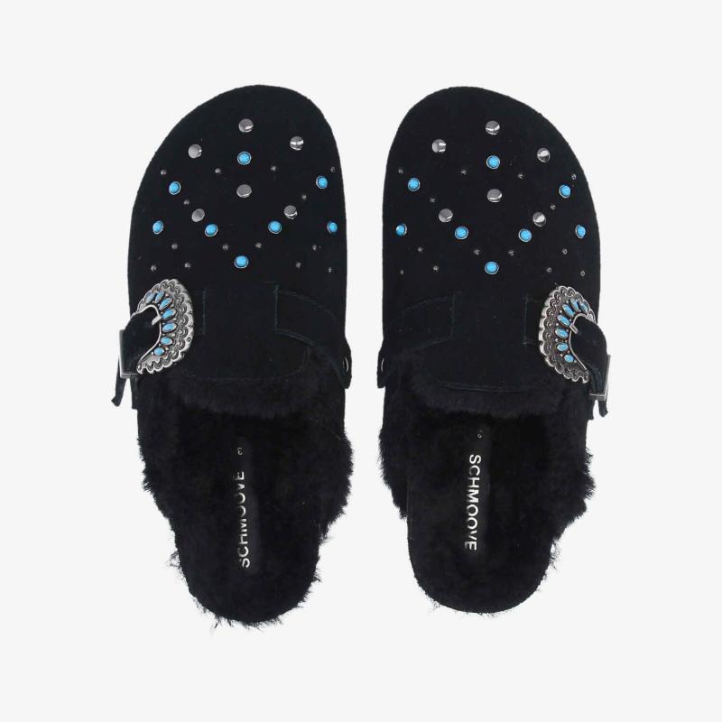 PALOMA CLOG W - SUEDE/FUR/RIVET -  NOIR/BLEU TURQUOISE